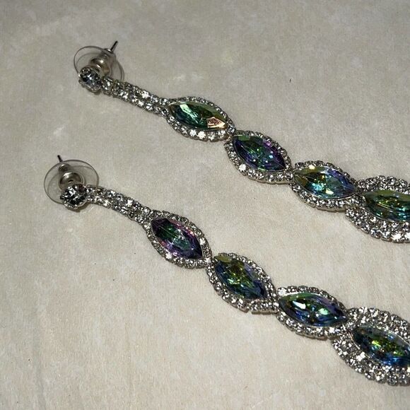 31/2” Clear Silver Tone Teardrop White Wedding Long Rhinestone Bridal Earrings - Picture 5 of 7